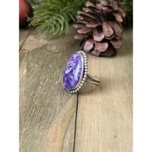 Handmade Navajo Gemstone <b>Ring</b> Charoite & Sterling Silver Cut Bezel Setting Size 8 <b>Fine</b> Fashion Jewelry for Everyday Wear - Product Image 3