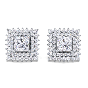 Boucles d'oreilles clous en diamant taille princesse 1,58 carat avec double halo, en or jaune, blanc et rose 14K plaqué rhodium, à visser - Product Image 1