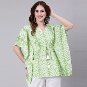 Robe kaftan en coton à imprimé tie-dye vert clair avec taille naturelle - SHKUP1208 - Product Image 1