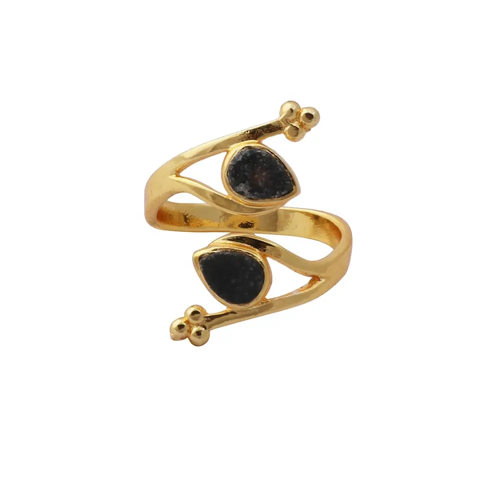 Anillo ajustable de piedras preciosas en forma de pera, color negro Natural, colgante chapado en oro y latón, joyería minimalista