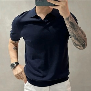Polo de verano para hombre de alta calidad 100% algodón nuevo sólido fino solapa Patchwork inteligente Casual versátil Top manga corta de punto - Product Image 6