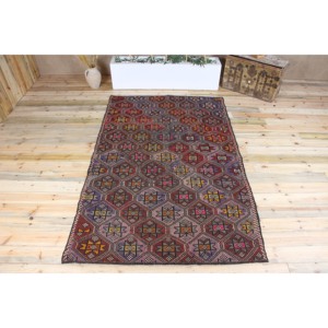 Grand tapis turc vintage Kilim 5,2x8,3 pieds, tapis géométrique arc-en-ciel en laine - Product Image 1