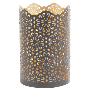 Juego de 3 Portavelas Votivas de Metal Negro y Dorado Hechos a Mano, Soporte Decorativo para Velas de Té de Hierro con Diseño Calado Jali en Venta - Product Image 1
