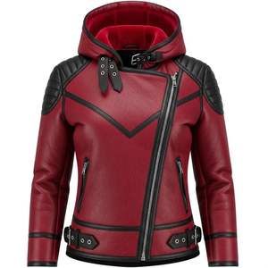 Chaqueta de Motociclista de Piel de Oveja Roja para Mujer, Estilo Motociclista, Chaqueta Ajustada de Cuero Genuino - Product Image 1