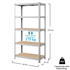 Rayonnage en métal à 5 niveaux Capacité de 875kg 90x40x180cm Étagères de garage/entrepôt Étagères en bois/métal - Product Image 2