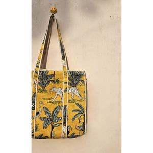 Bolso de mano acolchado de algodón 100% hecho a mano, bolso de hombro térmico con cremallera estampada en la jungla para mujer, cadenas portátiles a rayas suaves - Product Image 3