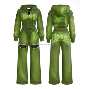 Conjunto de chándal de invierno para mujer con sudadera corta con cremallera y parches de logo, venta al por mayor - Product Image 3
