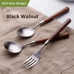 Cuillere et fourchette可定制黑胡桃手柄杆餐具高品质餐具套装木勺和叉子