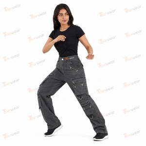 Women’s Vintage Denim Cargo <b>Pants</b> Wholesale Custom Washed Blue Cargo Jeans <b>High</b> <b>Waist</b> Baggy Wide Leg Streetwear Casual Fashion - Product Image 3