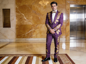 Traje de Etiqueta Azul Marino para Hombre con Bordado de Hojas Doradas, Traje de Novio Personalizado para Boda - Product Image 2