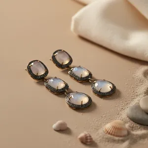 Boucles d'oreilles pendantes vintage plaquées or avec pierre de lune et opale, bijoux de fête pour femme, sertissage clos, forme géométrique, argent - Product Image 1