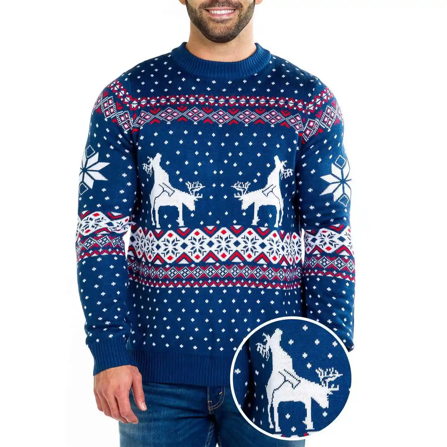 OUTENG Blue Humping renna maglione buon natale Pullover maglione uomo brutto Jacquard maglione natalizio per uomo