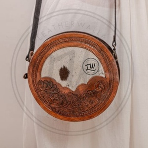 LW Single Strap <b>BoHo</b> Style Cowgirl Leather Handtooled Sling <b>Bag</b> with Chains Portable Animal Fur Women's Purse for Winter - Product Image 1