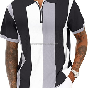 Camiseta de manga corta de punto para hombre, camiseta transpirable de verano, cuello con cremallera, ropa informal a rayas, OEM, logotipo personalizado para hombre - Product Image 2