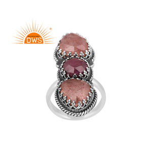 แหวนควอตซ์อัญมณีสเตอริควอตซ์ทับทิมธรรมชาติทำจากเงินสเตอร์ลิงออกซิไดซ์ - Product Image 1