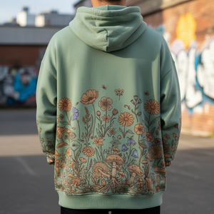 Sweat à capuche unisexe en coton 100% avec motif de champignons et de fleurs sauvages, style Cottagecore, vert sauge, coupe régulière, streetwear, polaire d'hiver - Product Image 2
