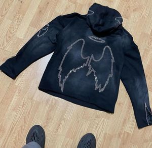 Sudaderas con capucha personalizadas para hombre, chándal Vintage 500 GSM de algodón pesado French Terry Sun Faded Acid Wash Rhinestone desgastado en relieve 3D - Product Image 5