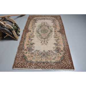 Vintage Turkish Rug, 3.9x6.6 ft Area Rug, <b>Brown</b> Green Floral Rug - Product Image 1