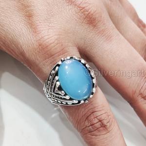 Anillo de Plata de Ley 925 con Calcedonia Azul Natural para Hombre, Todas las Tallas, Regalo de Boda Árabe, Joyería para San Valentín - Product Image 5