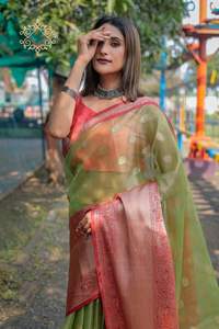 Hilo de seda de diseñador, tejido a mano, suave, con todo el trabajo, contraste, diseñador de borde, moda de fiesta - Product Image 4