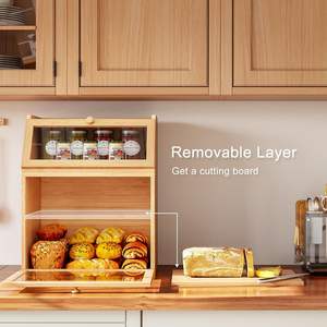 Caja de almacenamiento de pan de bambú separable doble grande con ventana transparente y compartimento ajustable para encimera de cocina Natural - Product Image 2