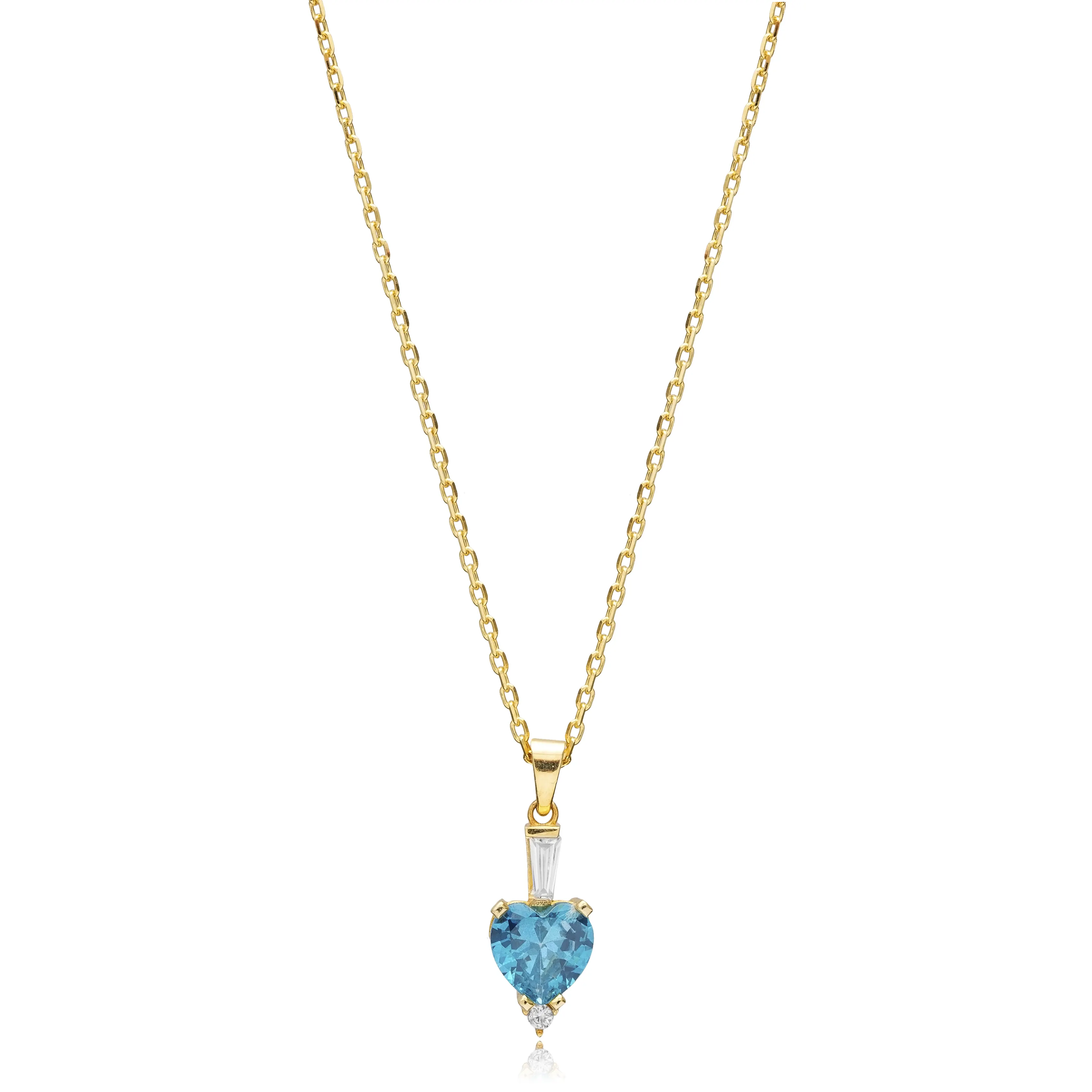 Aquamarine CZ Stone Heart Shape Design Charm Turkish Handmade Wholesale 925 Sterling Silver Necklace