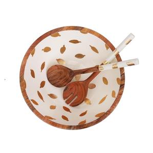 Grand bol de service en bois d'aspect bambou fait à la main, ustensiles de cuisine écologiques avec intérieur en émail floral, saladier de fruits décoratif - Product Image 1