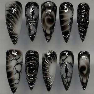 NBL-JX-250 Uñas Postizas Góticas en Espiral Blanco y Negro, 30 Piezas, Diseño 3D de Ojo y Espinas, Reutilizables, Cobertura Completa, Venta al Por Mayor - Product Image 1