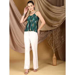 Haut à bretelles vert émeraude Boho avec imprimés Ikat plissés Detailing Flirty Peplum Hem Summer Breathable - Product Image 5