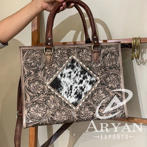 Nueva moda de pelo genuino en cuero mecanizado bohemio Buck Stitch Tote Bags Western tallado a mano cuero de vaca monedero para mujer - Product Image 1