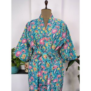Kimono de Lujo Estilo Boho Indio, Vestido de Verano de Algodón Puro, Estampado a Mano con Diseño Floral Azul Agua, Azul Marino 1 - Product Image 4