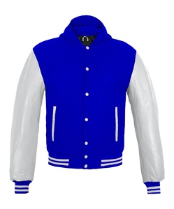 Men's Royal Blue Wool Body With White Leather Sleeve <b>Button</b> Up Varsity Jacket Blank Patches Custom Embroidery Unisex Men Jackets - Product Image 1