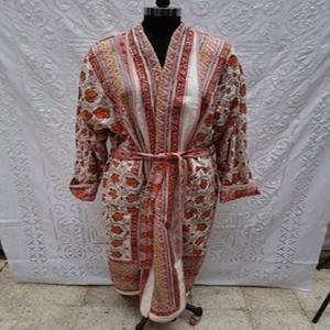Custom Block Printing Fabric Design Kimono With Wrap Design Belt Tie Waist Reversible Bathrobe Lounge <b>Spa</b> Sleepwear Women <b>Robe</b> - Product Image 1