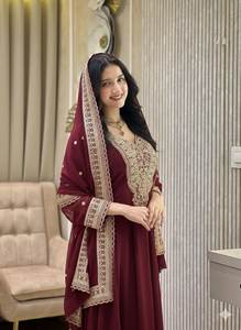 Vestido de Novia Estilo Walima, Traje de Boda Especial, Tela de Georgette Sintética con Estampado Floral, Anarkali Salwar Kameez Largo hasta el Suelo / Ropa Étnica - Product Image 4