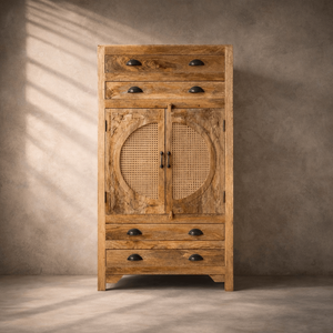 Gabinete de Madera de Mango Sólido MKJ |   Mueble de Almacenamiento para Sala de Estar Estilo Japandi con 4 Cajones y Puertas Corredizas |   Muebles para el Hogar Tallados a Mano con 3 Años de Duración - Product Image 2