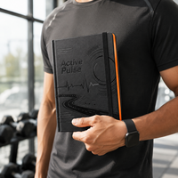 Journal de fitness personnalisé LABON A5, planificateur d'entraînement noir avec couverture en PU gaufré, bande élastique, bord orange, carnet de suivi d'entraînement