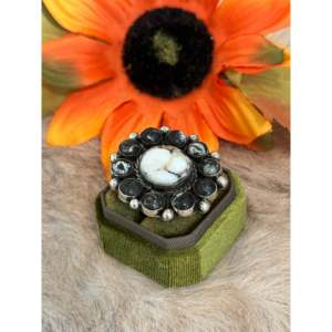 Navajo Handmade White Buffalo Sterling <b>Silver</b> <b>Adjustable</b> Cluster <b>Ring</b> - Product Image 3