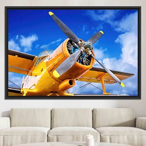 ผ้าใบพิมพ์ลายใบพัดเครื่องบินวินเทจ: ลายพิมพ์การบินสีเหลืองและสีน้ำเงิน ผ้าใบกรอบสีดำ - Product Image 1