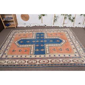 Alfombra turca clásica Vintage de 5,6x7,9 pies, diseño de retazos azul naranja, técnica de tejido plano de látex de lana de pila media ecológica - Product Image 1