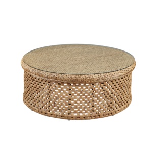 Table d'appoint en rotin au design exclusif avec table d'appoint en verre avec dessus en verre Décoration intérieure Meubles Tables rondes Décoration de chambre - Product Image 1