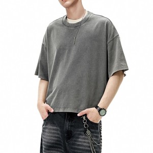 Camisetas Premium Vintage Negras Lavadas para <span class=keywords><strong>Hombre</strong></span>, Estilo Desgastado, Corte Holgado, Lisas, de Tela Gruesa, Estilo Urbano, Directo de Fábrica - Product Image 3
