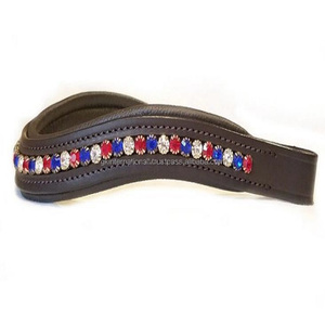 Bande de front de cheval en cuir de selle épaisse noire ou marron canal vide incrusté de cristaux ronds multicolores bande de front diamante plein épi - Product Image 1