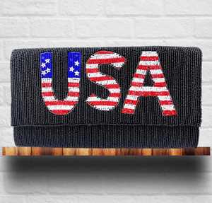 USA rayures étoiles drapeau patriotique graine perlée bandoulière chaîne enveloppe forme coton soirée pochette mode Mart sac à main - Product Image 4