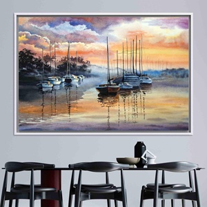 Lienzo Impreso: Paisaje Marino Abstracto con Veleros al Atardecer, Lienzo con Marco Blanco - Product Image 1