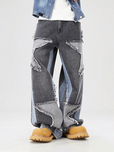 Demin กางเกงยีนส์ฮิปฮอปเอวสูงสำหรับผู้ชาย, กางเกงยีนส์ฮิปฮอปขาตรงปักลายดาวสไตล์ลำลองสีเทามีสีต่อกันไซส์พิเศษ - Product Image 5