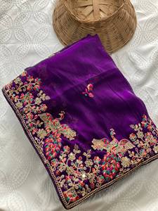 <b>Purple</b> Traditional Luxurious Chiffon <b>Saree</b> Embroidery Work Cut Work Border Embellishments for Party Special Wedding Occasions - Product Image 4