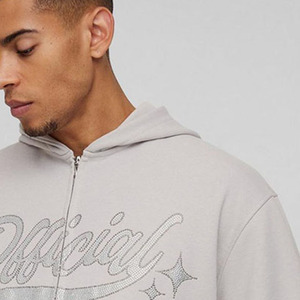 Nouvel arrivage Beige surdimensionné officiel strass Loopback Zip à travers Basics Hoodie 100% coton mélangé vente en gros fabricant - Product Image 5