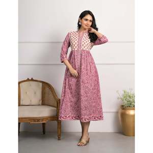 Vestido largo de algodón rosa con estampado de bloques para mujer, estilo A-line, transpirable, casual, elegante, hippie, talla única, largo hasta el suelo, para discoteca de día. - Product Image 1