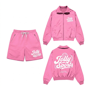 Men's GSM Polyester <b>Pink</b> Windbreaker And Shorts Set Puff Screen Print Custom Logo Tracksuit Wear Windbreaker Shorts Set for Men - Product Image 1