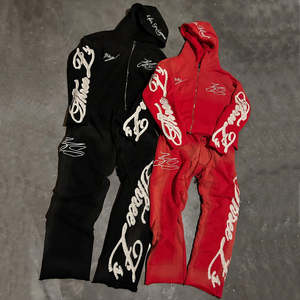 Chándales lavados Vintage de peso pesado, ropa de calle, chándal, parche bordado con logotipo personalizado, conjuntos de dos piezas con capucha y pantalones de chándal para hombre - Product Image 1